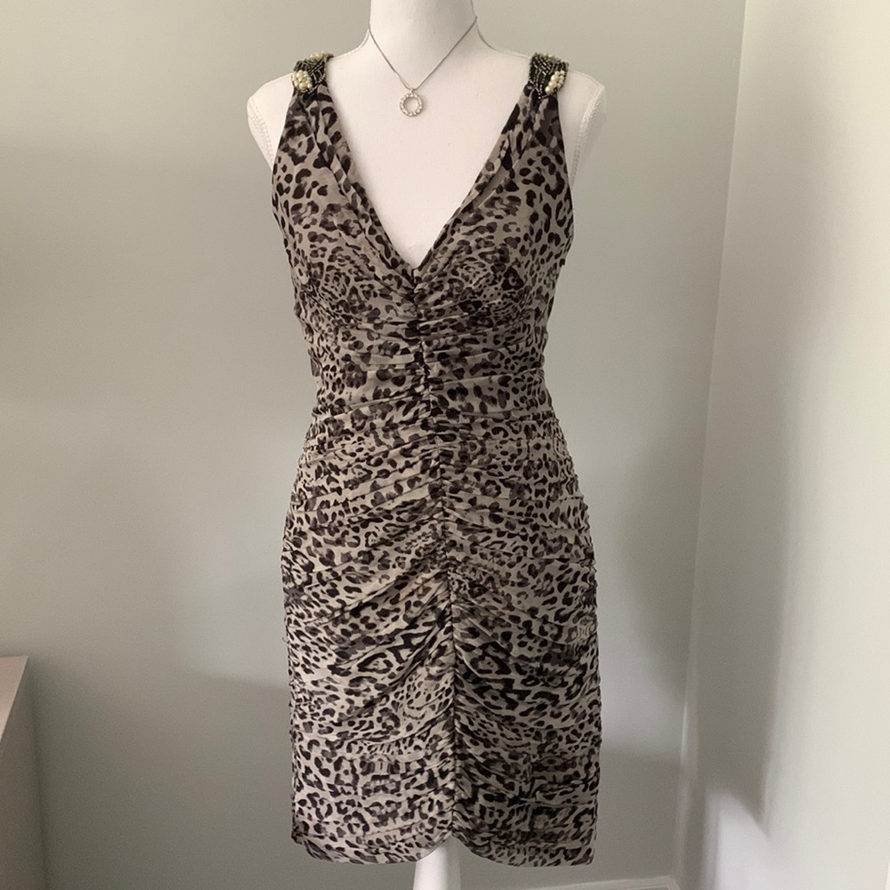 KURT THOMAS 100% Silk Rusched Bodycon Leopard Print Mini Dress Embellished Sz 6